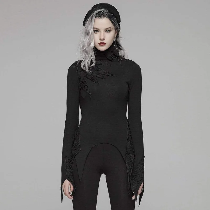 Women's Goth Turtleneck Flare Sleeved Iregular T-shirts Rayon Velvet Corduroy