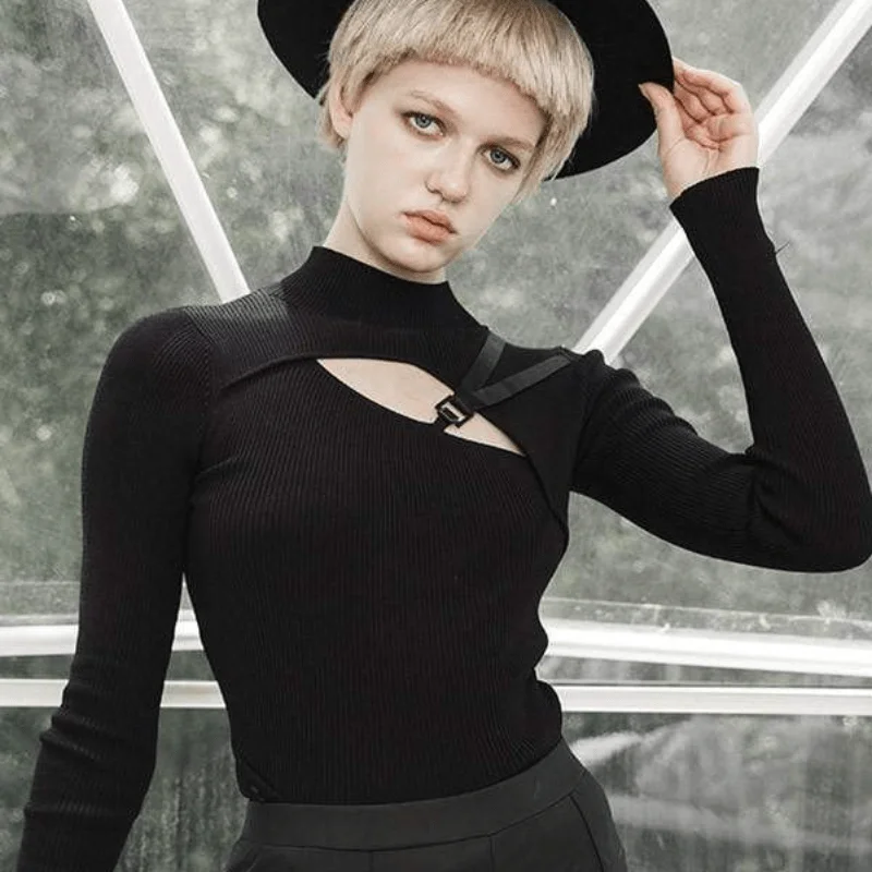Women's Gothic Cutout Long Sleeved Knitted T-shirts Collared Crew Neck Turtle Neck