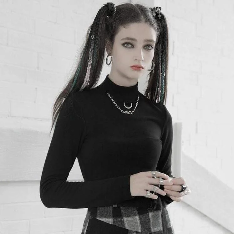 Women's Grunge Stand Collar Long Sleeved Fitted T-shirts With Necklace Anti-Shrink Durable Soft Women's Grunge Stand Collar Long Sleeved Fitted T-shirts With Necklace Anti-Shrink Durable Soft