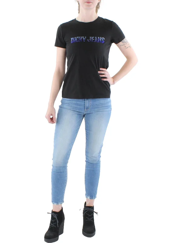 Womens Logo Embellished T-Shirt Welt Pockets Slit Pockets Flap Pockets