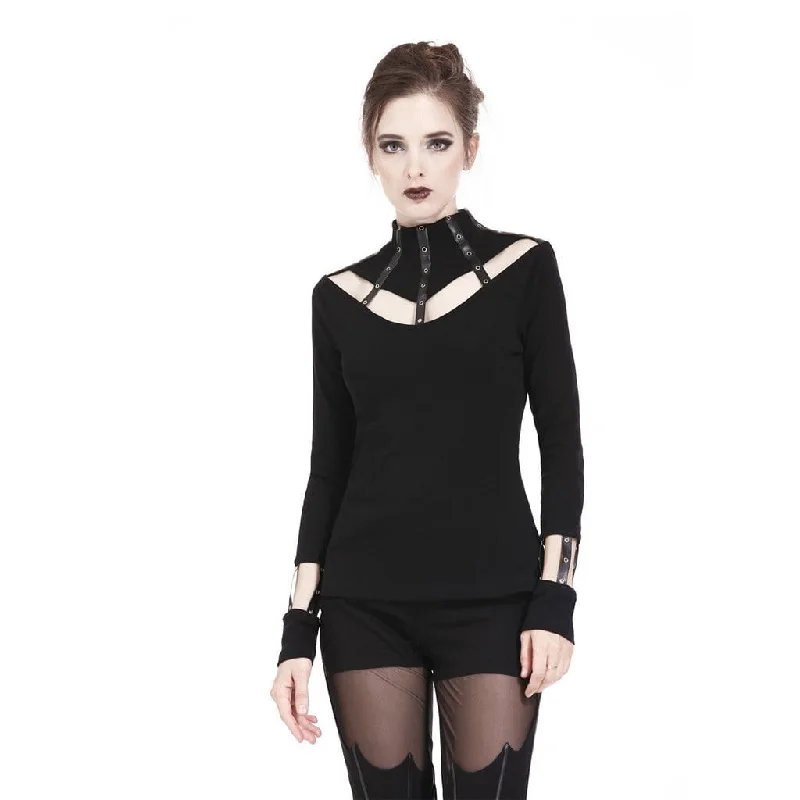Women's Punk High Neck Cutout Long Sleeved T-shirt With Straps Mesh Fabric Canvas Fabric Denim Fabric Women's Punk High Neck Cutout Long Sleeved T-shirt With Straps Mesh Fabric Canvas Fabric Denim Fabric