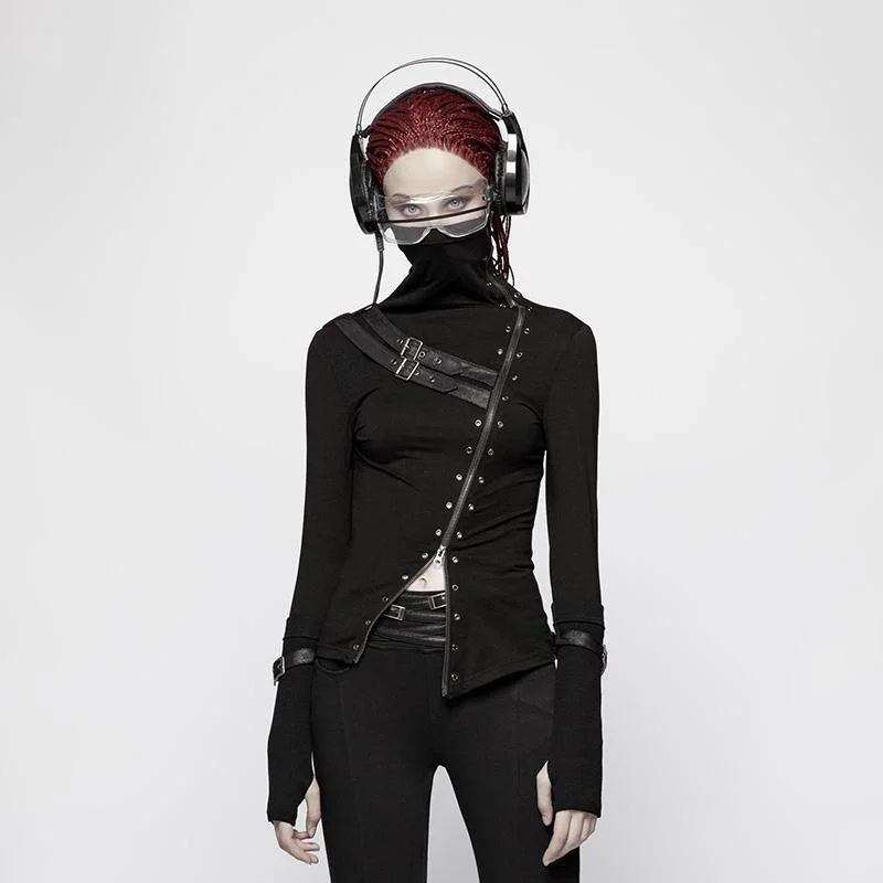 Women's Punk Turtleneck Side Zip Long Sleeved T-shirt With Straps Nylon Fabric Polyester Fabric Spandex Fabric Women's Punk Turtleneck Side Zip Long Sleeved T-shirt With Straps Nylon Fabric Polyester Fabric Spandex Fabric