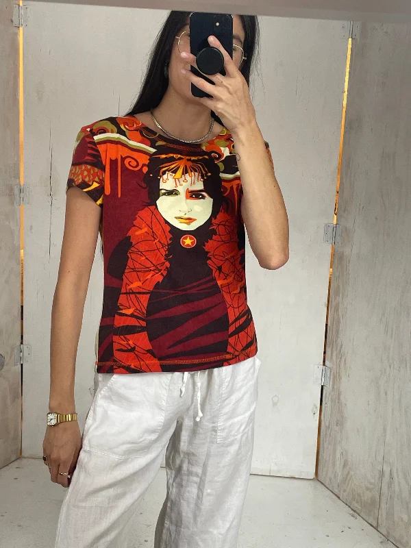 Y2K Orange Face Tee Collared Crew Neck Turtle Neck