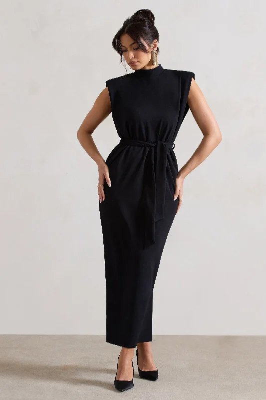 Abbie | Black High-Neck Maxi Dress With Tie Waist Chic Summer Maxi Dress
