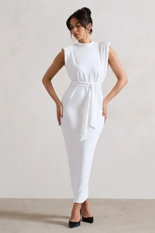 Abbie | White High-Neck Maxi Dress With Tie Waist Cozy Spaghetti Strap Maxi Dress