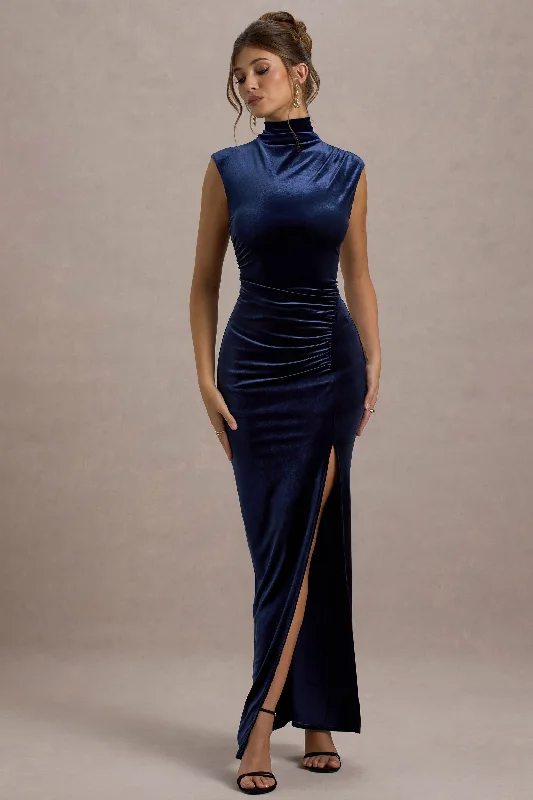 Abilene | Navy Velvet High-Neck Split Maxi Dress Trendy Off-Shoulder Ruffle Maxi Dress Abilene | Navy Velvet High-Neck Split Maxi Dress Trendy Off-Shoulder Ruffle Maxi Dress