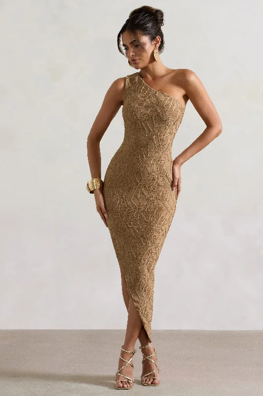 Abu Dhabi | Camel Textured Asymmetric Maxi Dress Elegant Maxi Dress with Belt