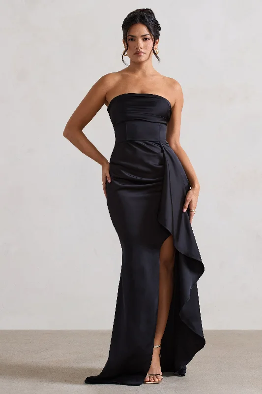 Ace | Black Satin Bandeau Split Maxi Dress With Ruffle Drape Fashionable Off-Shoulder Maxi Dress Ace | Black Satin Bandeau Split Maxi Dress With Ruffle Drape Fashionable Off-Shoulder Maxi Dress
