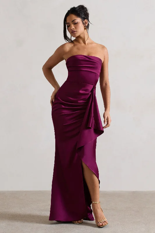 Ace | Plum Satin Bandeau Split Maxi Dress With Ruffle Drape Elegant Maxi Dress with Lace Ace | Plum Satin Bandeau Split Maxi Dress With Ruffle Drape Elegant Maxi Dress with Lace