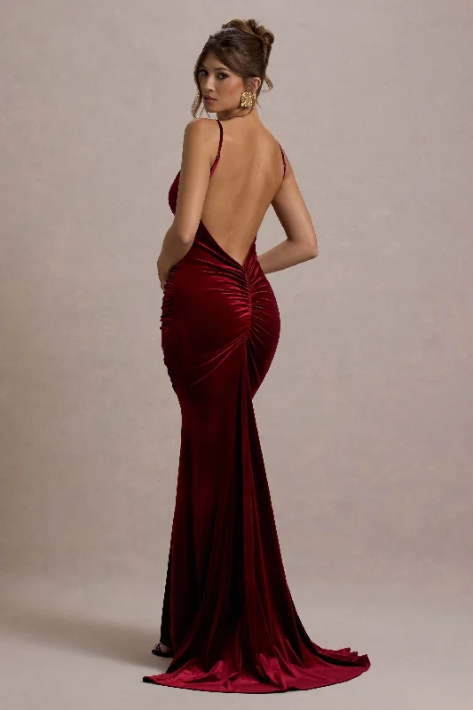 Adele | Berry Velvet Ruched Strappy Fishtail Maxi Dress Elegant Sleeveless Maxi Dress Adele | Berry Velvet Ruched Strappy Fishtail Maxi Dress Elegant Sleeveless Maxi Dress