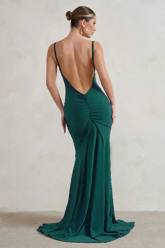Adele | Bottle Green Backless Ruched Fishtail Cami Maxi Dress Trendy A-Line Maxi Dress Adele | Bottle Green Backless Ruched Fishtail Cami Maxi Dress Trendy A-Line Maxi Dress
