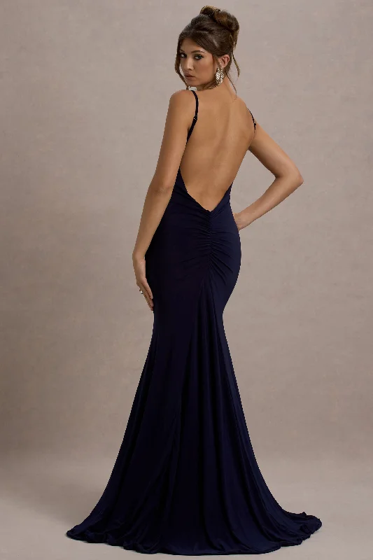 Adele | Navy Backless Ruched Fishtail Cami Maxi Dress Chic Summer Floral Maxi Dress
