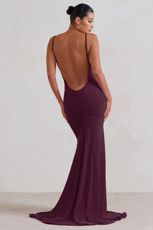 Adele | Plum Backless Ruched Fishtail Cami Maxi Dress Comfortable Bohemian Maxi Dress Adele | Plum Backless Ruched Fishtail Cami Maxi Dress Comfortable Bohemian Maxi Dress