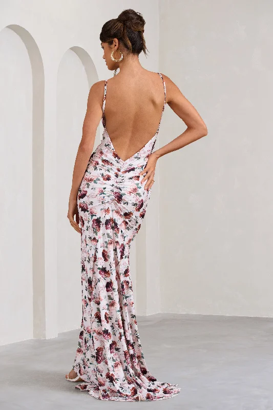 Adele | White Floral Print Backless Ruched Fishtail Cami Maxi Dress Elegant Tiered Maxi Dress Adele | White Floral Print Backless Ruched Fishtail Cami Maxi Dress Elegant Tiered Maxi Dress