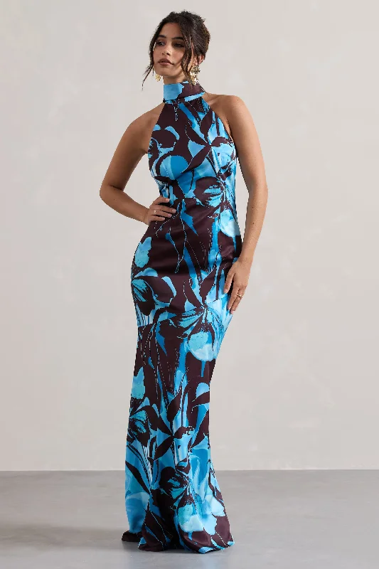Adoria | Floral Print Satin High-Neck Maxi Dress Trendy Floral Print Maxi Dress