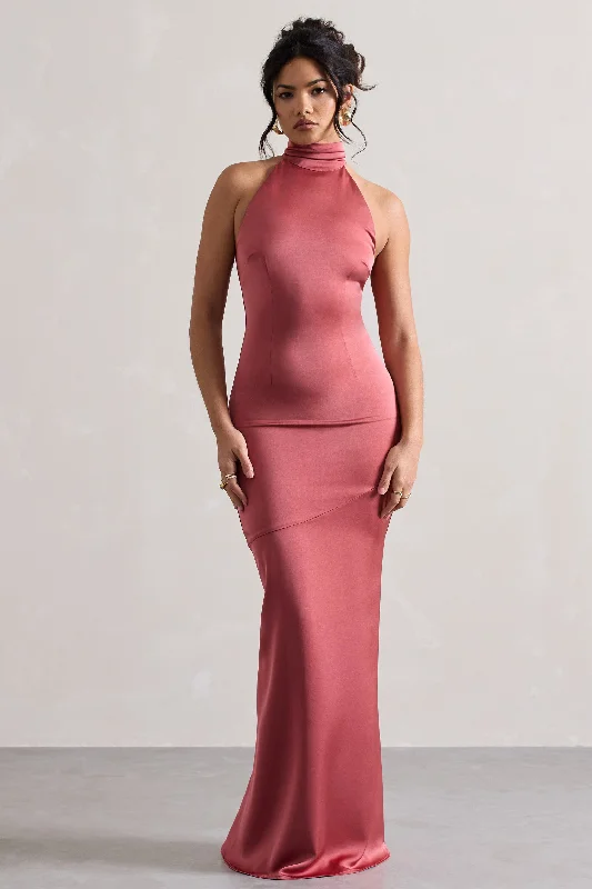 Adoria | Vintage Berry Satin High-Neck Maxi Dress Fashionable Sheer Maxi Dress