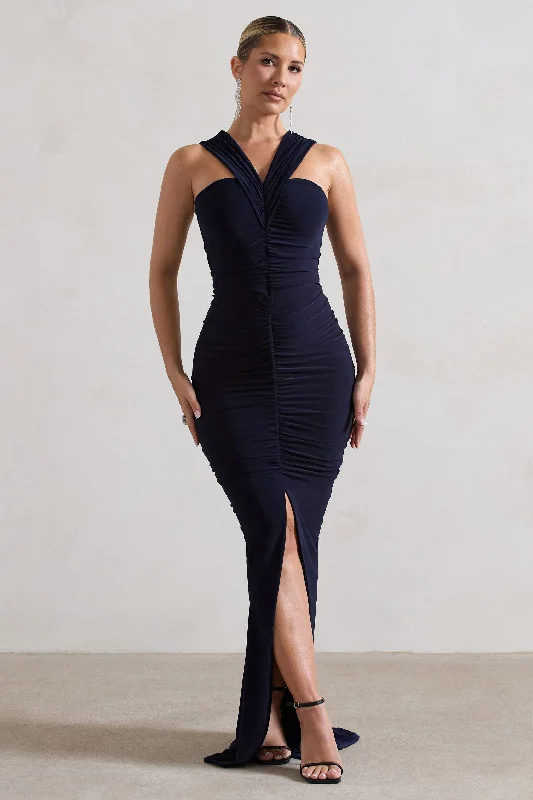 Aida | Navy Ruched V-Neck Split Maxi Dress Elegant Lace-Up Maxi Dress
