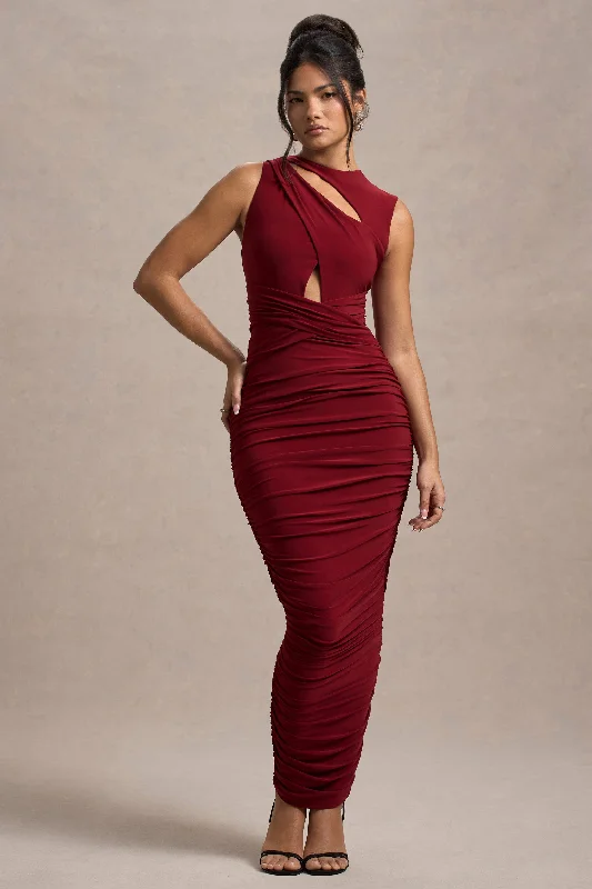 Aire | Wine Cut-Out Ruched Maxi Dress Elegant Lace Maxi Dress