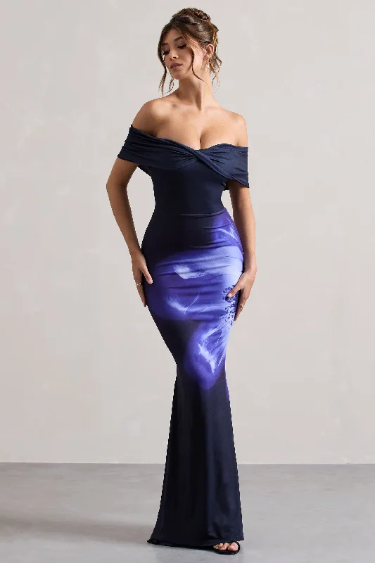 Alaia | Navy Floral Print Bardot Maxi Dress Comfortable Cotton Maxi Dress