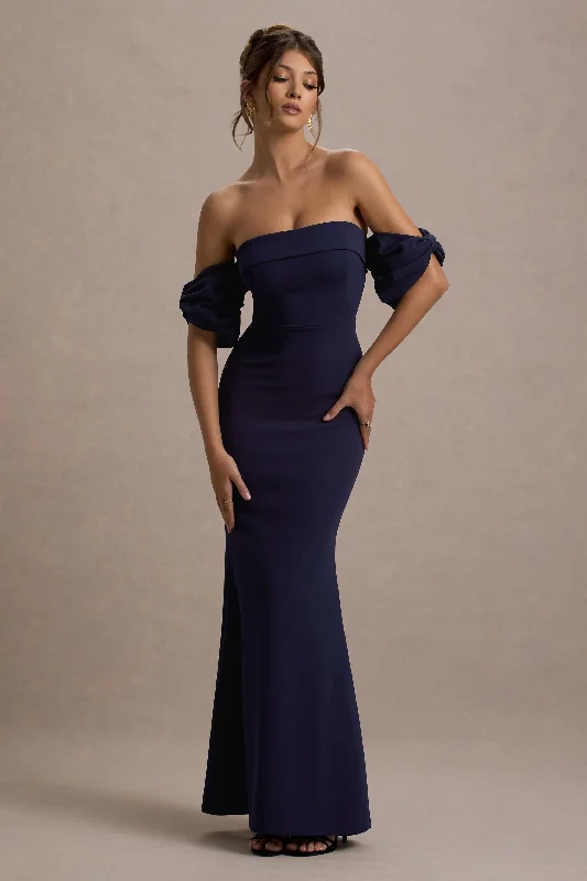 Alaine | Navy Bardot Maxi Dress With Bow Sleeves Comfortable Maxi Dress with Slits