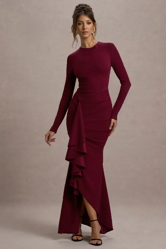 Alayna | Berry Long-Sleeve Maxi Dress With Ruffled Split Stylish One-Shoulder Maxi Dress Alayna | Berry Long-Sleeve Maxi Dress With Ruffled Split Stylish One-Shoulder Maxi Dress