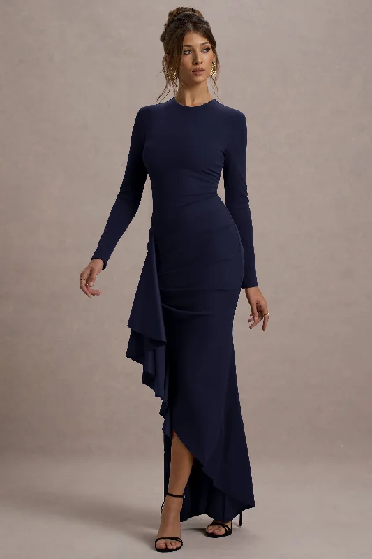 Alayna | Navy Long-Sleeve Maxi Dress With Ruffled Split Trendy Floral Print Maxi Dress Alayna | Navy Long-Sleeve Maxi Dress With Ruffled Split Trendy Floral Print Maxi Dress