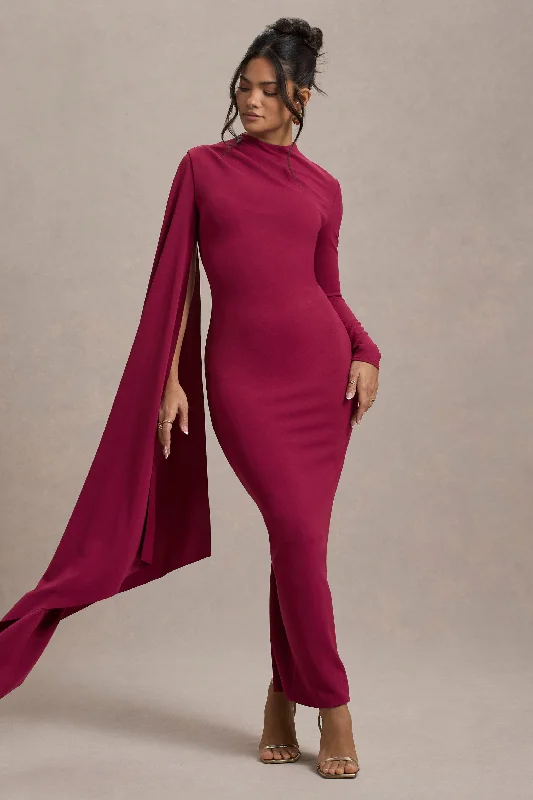Aldona | Mulberry High-Neck Long-Sleeve Maxi Dress With Cape Sleeve Trendy Satin Maxi Dress Aldona | Mulberry High-Neck Long-Sleeve Maxi Dress With Cape Sleeve Trendy Satin Maxi Dress