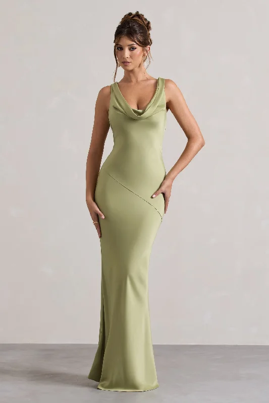 Alesso | Light Olive Satin Cowl-Neck Maxi Dress Chic Summer Maxi Dress