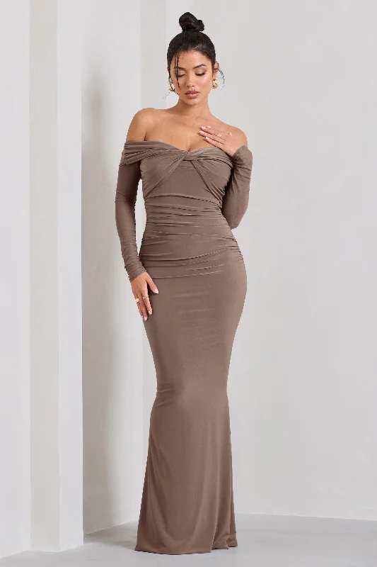 Alex | Mocha Bardot Twist Maxi Dress Elegant Maxi Dress with Pockets