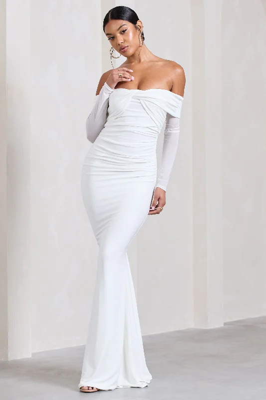 Alex | White Bardot Twist Maxi Dress Fashionable Faux Wrap Maxi Dress