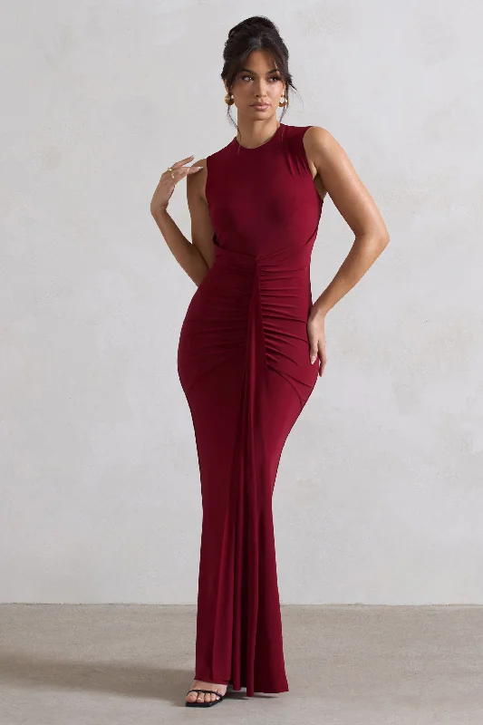 Alexa | Berry High-Neck Gathered Maxi Dress With Drape Elegant Maxi Dress with Belt