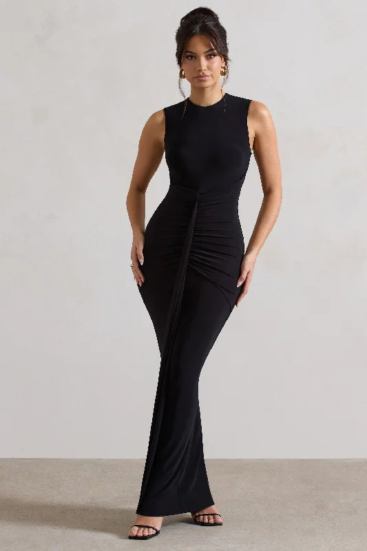 Alexa | Black High-Neck Gathered Maxi Dress With Drape Trendy Ruffled Maxi Dress