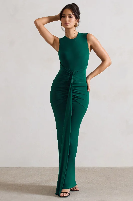 Alexa | Bottle Green High-Neck Gathered Maxi Dress With Drape Trendy Short Sleeve Maxi Dress Alexa | Bottle Green High-Neck Gathered Maxi Dress With Drape Trendy Short Sleeve Maxi Dress