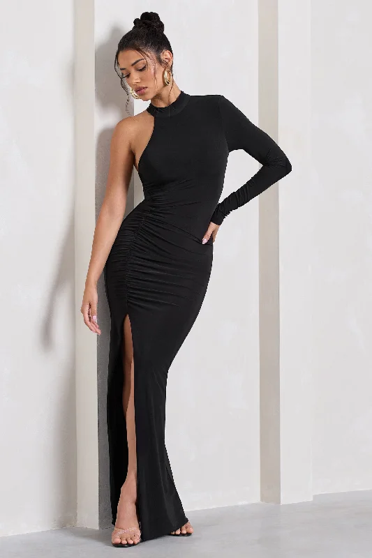 Alina | Black Ruched High-Neck Asymmetric Split Maxi Dress Comfortable Maxi Dress with Slits Alina | Black Ruched High-Neck Asymmetric Split Maxi Dress Comfortable Maxi Dress with Slits