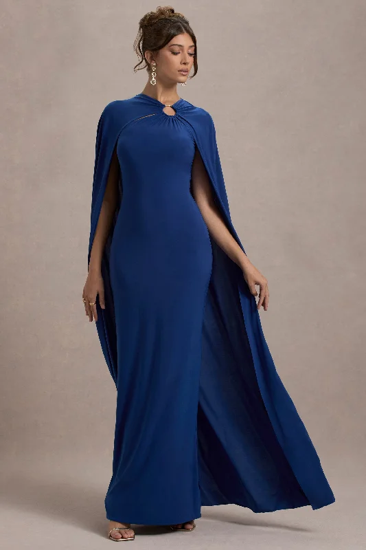 Aliza | Royal Blue Cape Maxi Dress With Gold Ring Elegant Maxi Dress with Ruffles