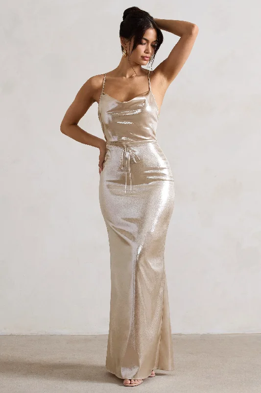 All In Time | Champagne Metallic Cowl-Neck Maxi Dress With Cross Back Detail Stylish Boho Chic Maxi Dress All In Time | Champagne Metallic Cowl-Neck Maxi Dress With Cross Back Detail Stylish Boho Chic Maxi Dress