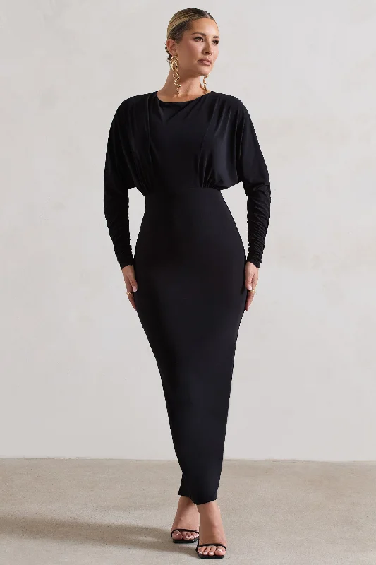 All It Takes | Black Long-Sleeve Draped Maxi Dress Comfortable Maxi Dress with Belt