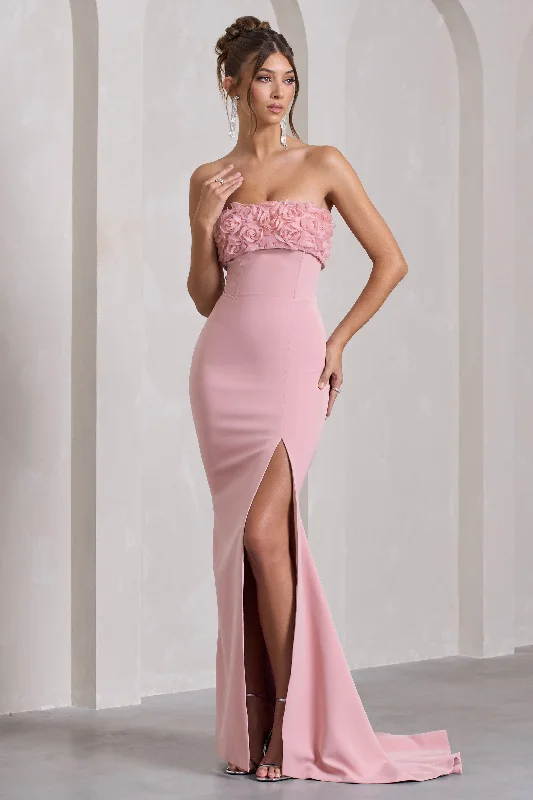 Allegra | Pink Bandeau Split Fishtail Maxi Dress With Flowers Trendy Maxi Dress with Straps Allegra | Pink Bandeau Split Fishtail Maxi Dress With Flowers Trendy Maxi Dress with Straps