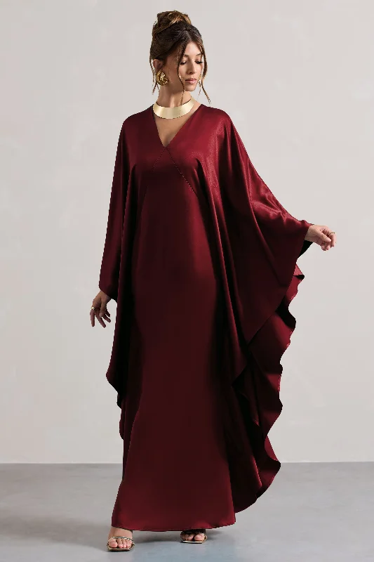 Alohi | Berry Satin Plunge Cape Maxi Dress Elegant Silk Maxi Dress