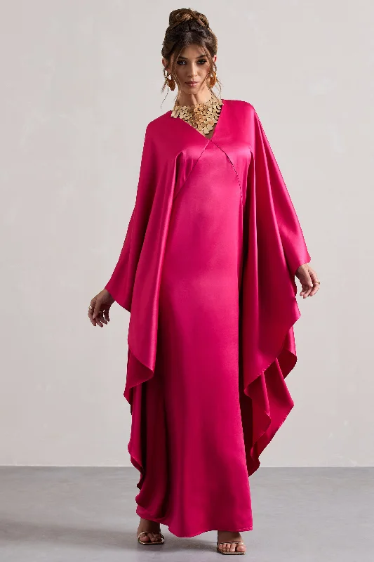 Alohi | Hot Pink Satin Plunge Cape Maxi Dress Trendy Maxi Dress with Belt