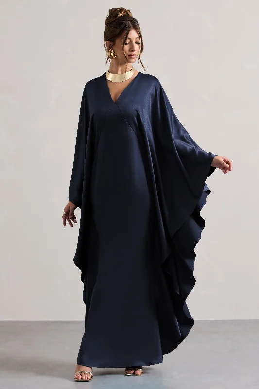 Alohi | Navy Satin Plunge Cape Maxi Dress Fashionable Chiffon Maxi Dress