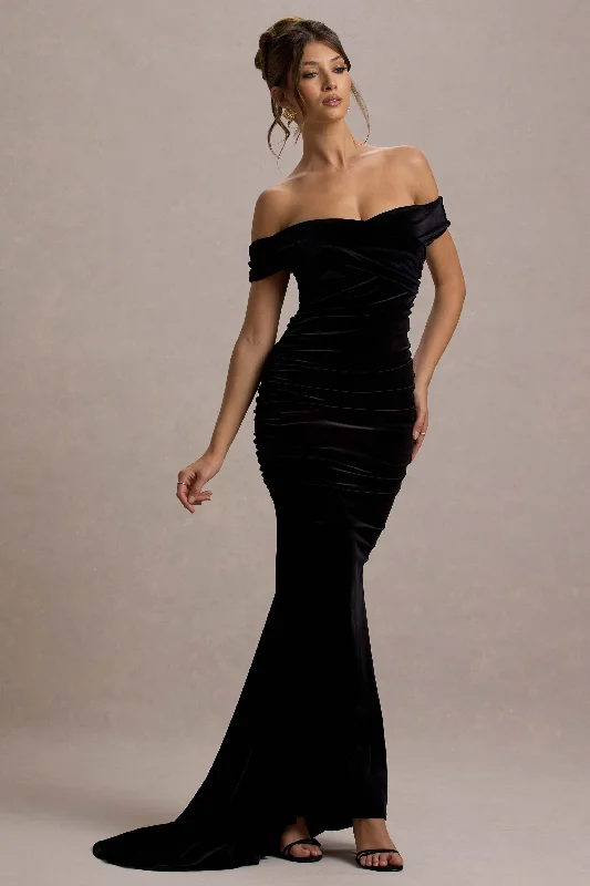Apolline | Black Velvet Off The Shoulder Ruched Fishtail Maxi Dress Comfortable Maxi Dress with Belt Apolline | Black Velvet Off The Shoulder Ruched Fishtail Maxi Dress Comfortable Maxi Dress with Belt