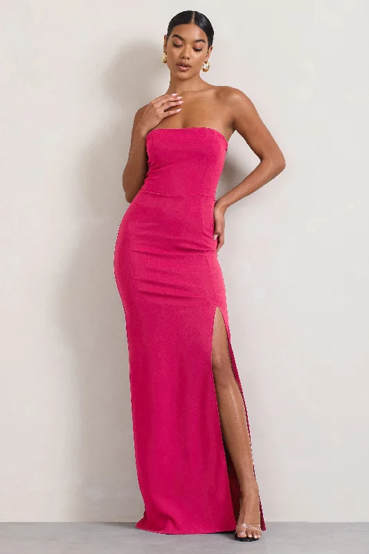 Belle of The Ball | Hot Pink Bandeau Maxi Dress With Split Hem Elegant Tiered Maxi Dress Belle of The Ball | Hot Pink Bandeau Maxi Dress With Split Hem Elegant Tiered Maxi Dress