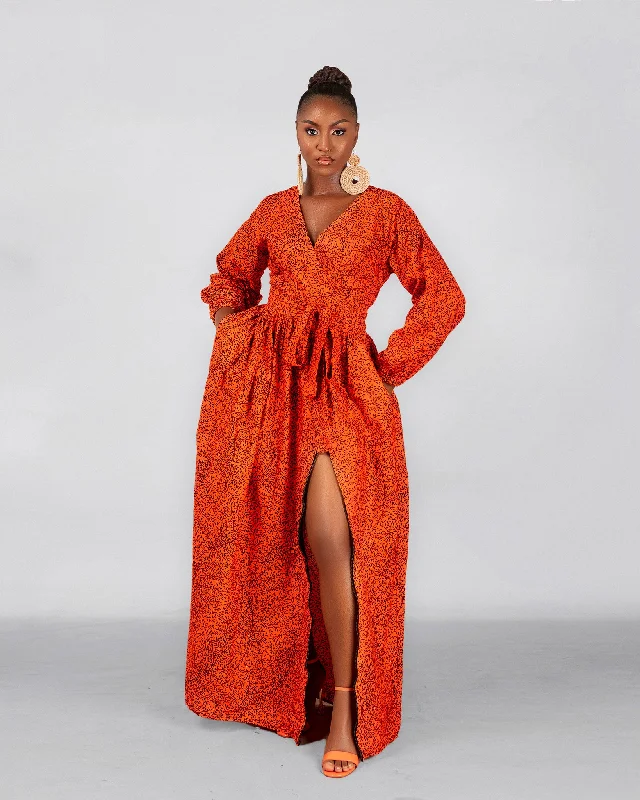 Bianca Ankara Maxi Dress | Orange African Print Elegant Maxi Dress with Slit