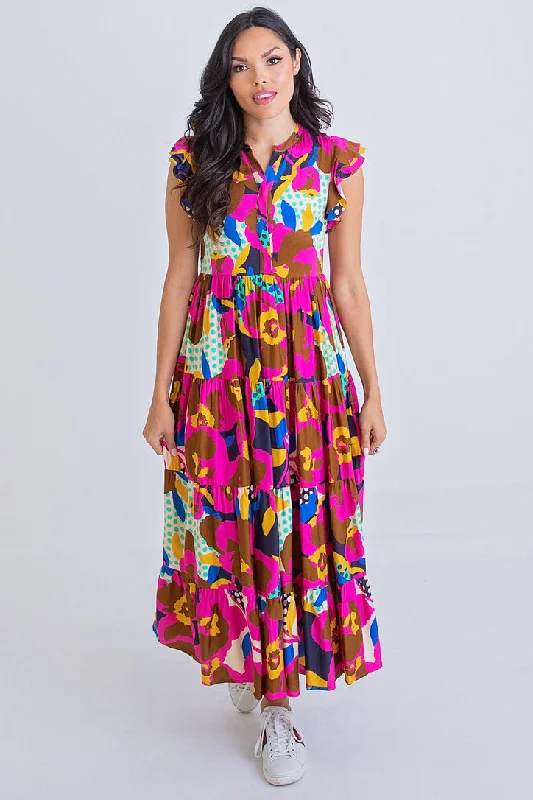 Big Floral Dot Maxi Dress Fashionable Chiffon Tiered Maxi Dress