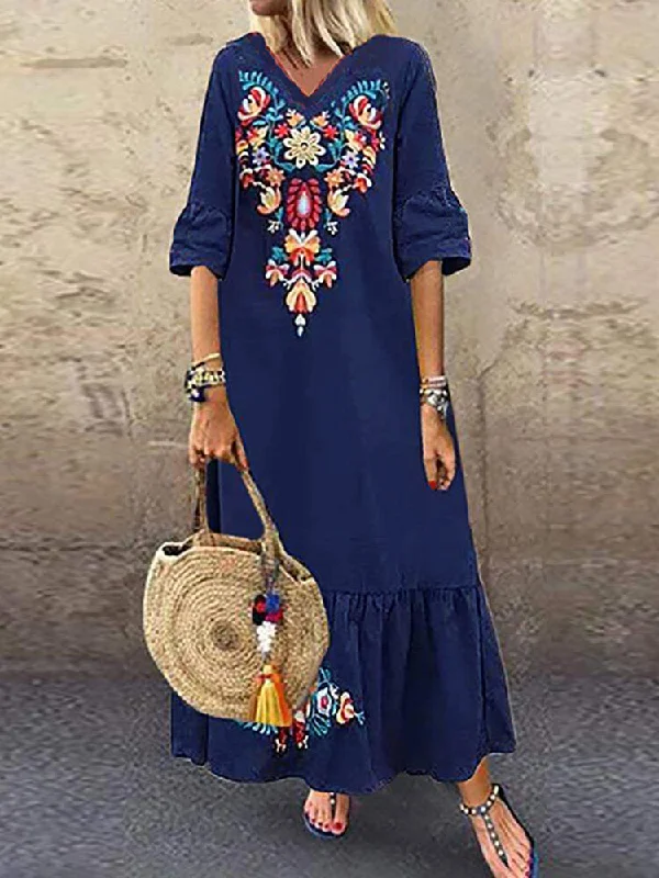 Bohemian Floral Print V-neck Flare Half Sleeve Beach Women Maxi Dress Fashionable High-Waist Maxi Dress Bohemian Floral Print V-neck Flare Half Sleeve Beach Women Maxi Dress Fashionable High-Waist Maxi Dress