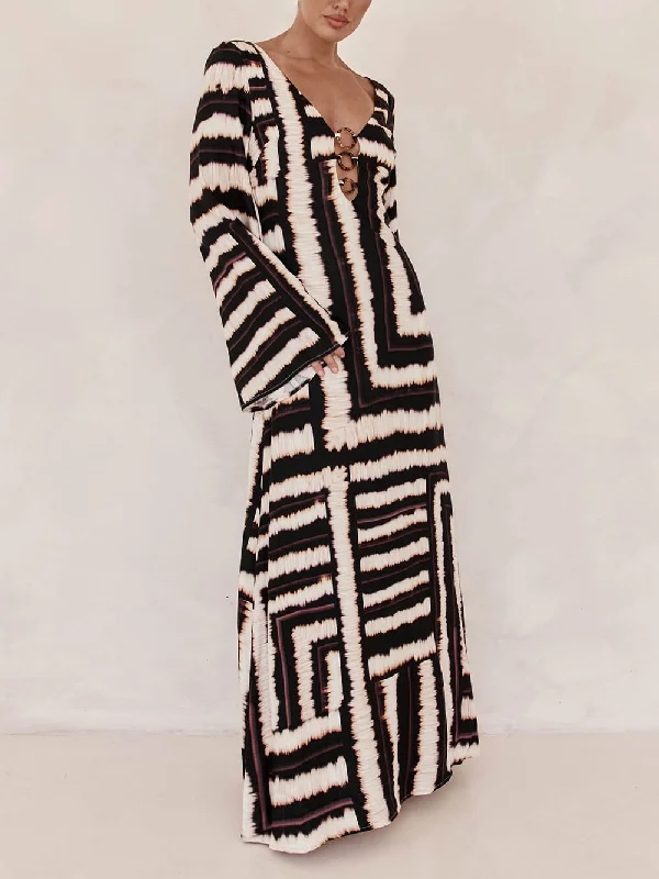 Bohemian Style Unique Printed Graceful V Tie Ring Maxi Dress Fashionable High-Low Maxi Dress