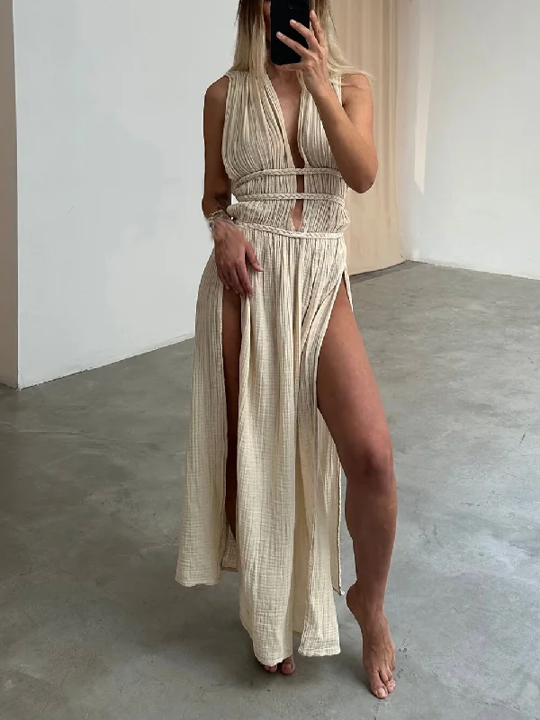 Boho Braids Belt Cutout Graceful Slit Kaftan Maxi Dress Cozy Wrap Maxi Dress
