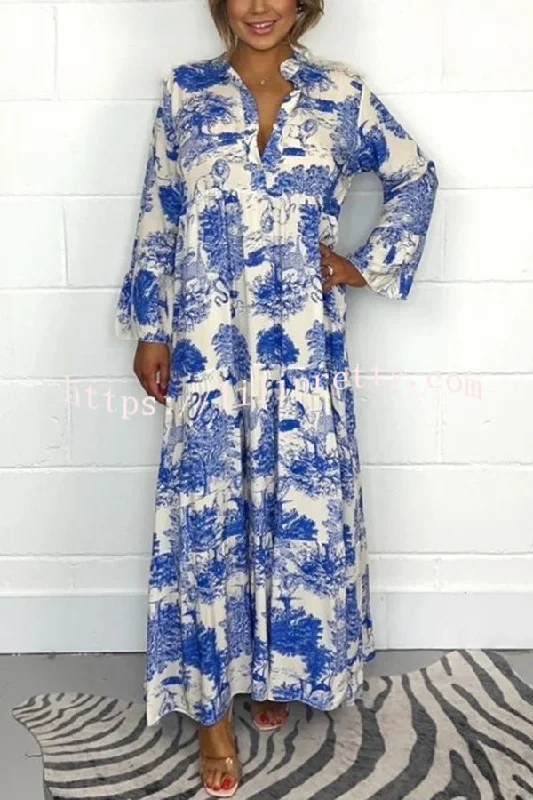 Botanical Print Casual V-neck Trumpet Sleeve Maxi Dress Comfortable Maxi Dress with Slits Botanical Print Casual V-neck Trumpet Sleeve Maxi Dress Comfortable Maxi Dress with Slits
