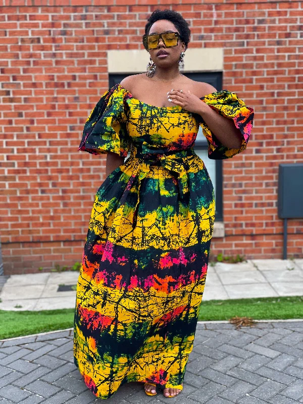 Brenie Ankara Off Shoulder Maxi Dress | Green and Yellow Multicoloured African Print Fashionable High-Waist Maxi Dress Brenie Ankara Off Shoulder Maxi Dress | Green and Yellow Multicoloured African Print Fashionable High-Waist Maxi Dress
